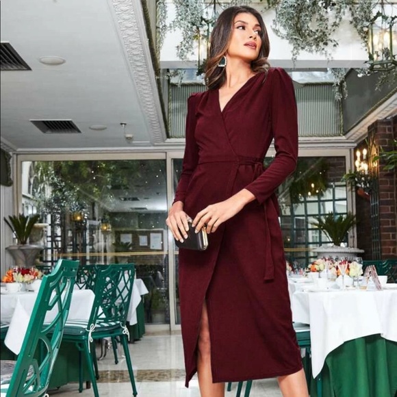 Burgundy Long Sleeve Wrap Midi Dress V 